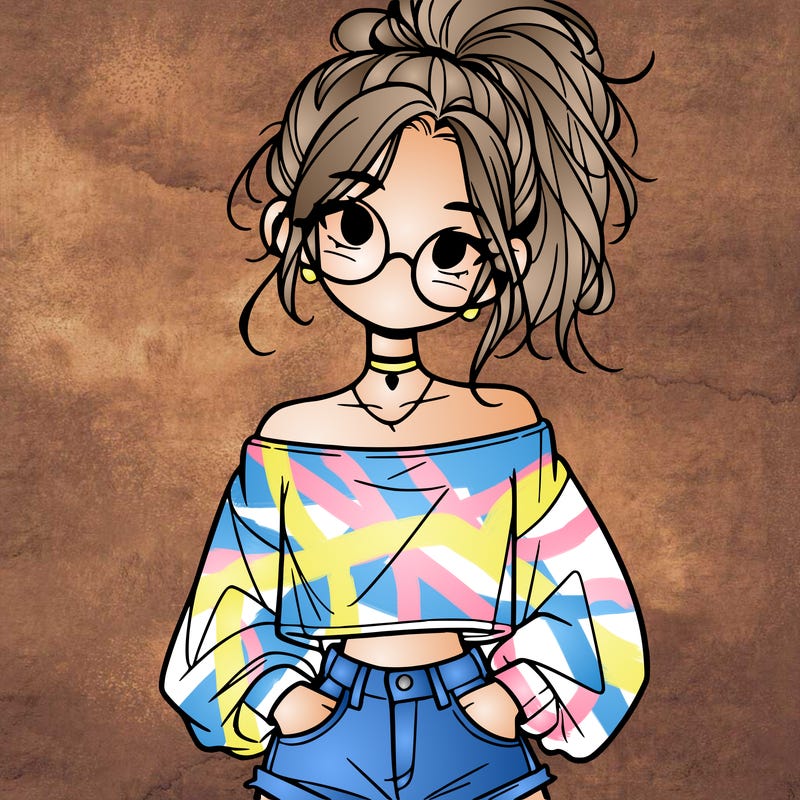 girl with a messy ponytail glasses a baggy crop top and jean shorts