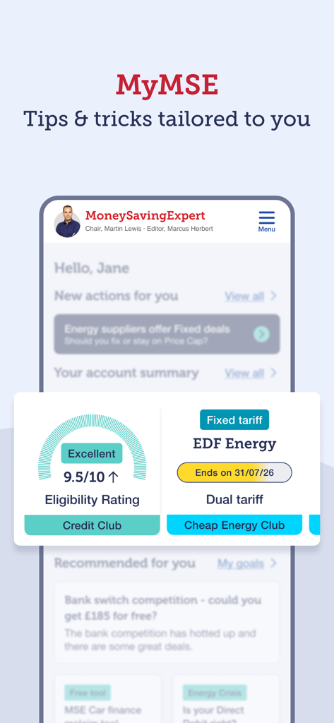 Captura de pantalla del panel MyMSE en la aplicación MoneySavingExpert que muestra la elegibilidad de crédito personalizada y consejos sobre tarifas de energía