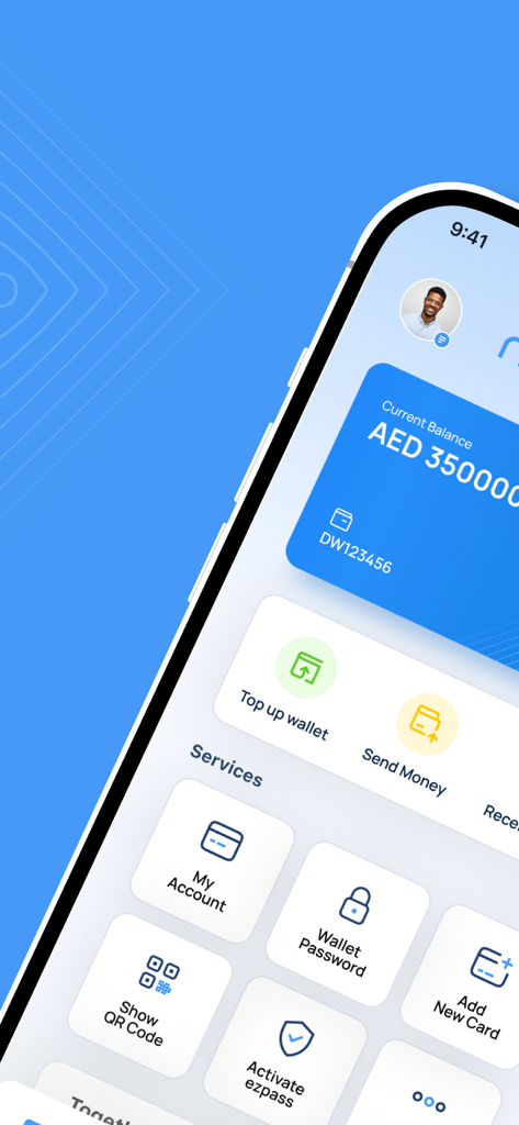 noqodi - Mobile dashboard of the noqodi app showing account balance in AED and various financial service icons like top up wallet and send money