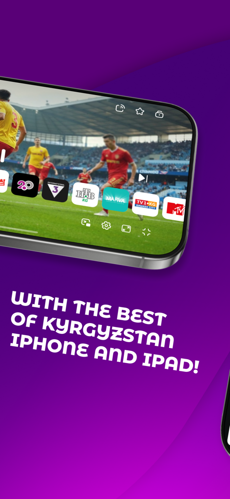 Көrүү TV: Kyrgyzstan OTT IPTV - Um dispositivo móvel exibindo uma partida de futebol ao vivo e a seleção de canais de TV do Quirguistão no aplicativo Keryy TV