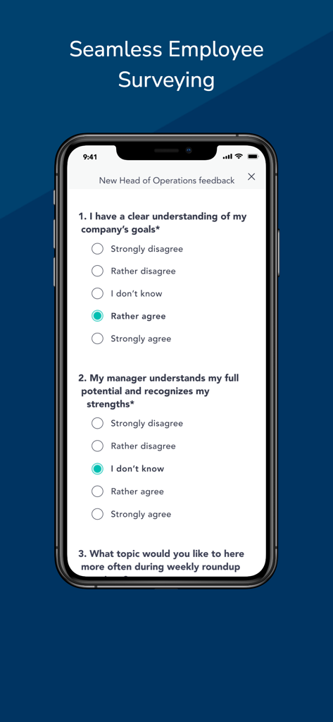 Cooleaf mobile App-Oberfläche, die eine Mitarbeiter-Pulsbefragung für Unternehmensfeedback zeigt