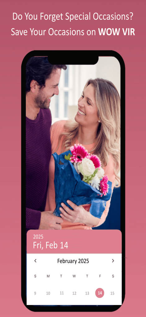 WOW VIR: Flowers Cakes & Gifts - Pantalla de la aplicación WOW VIR mostrando una pareja con flores y una interfaz de calendario para guardar ocasiones especiales de regalo