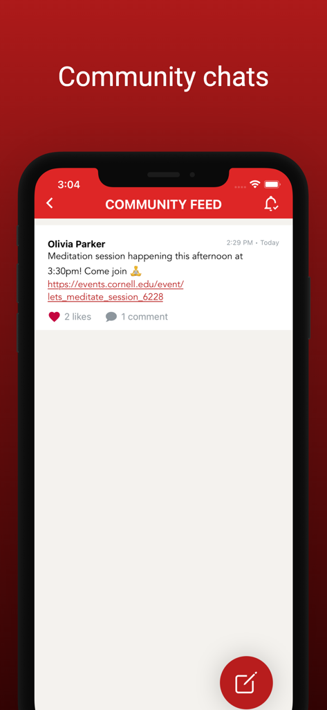 Cornell Student App - A mobile interface of the Cornell Student App showing a community feed with a post about an upcoming meditation session.