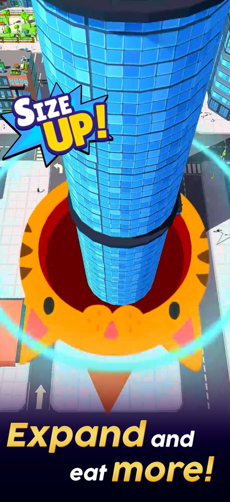 Orange cat themed hole swallowing a tall skyscraper in Hole io