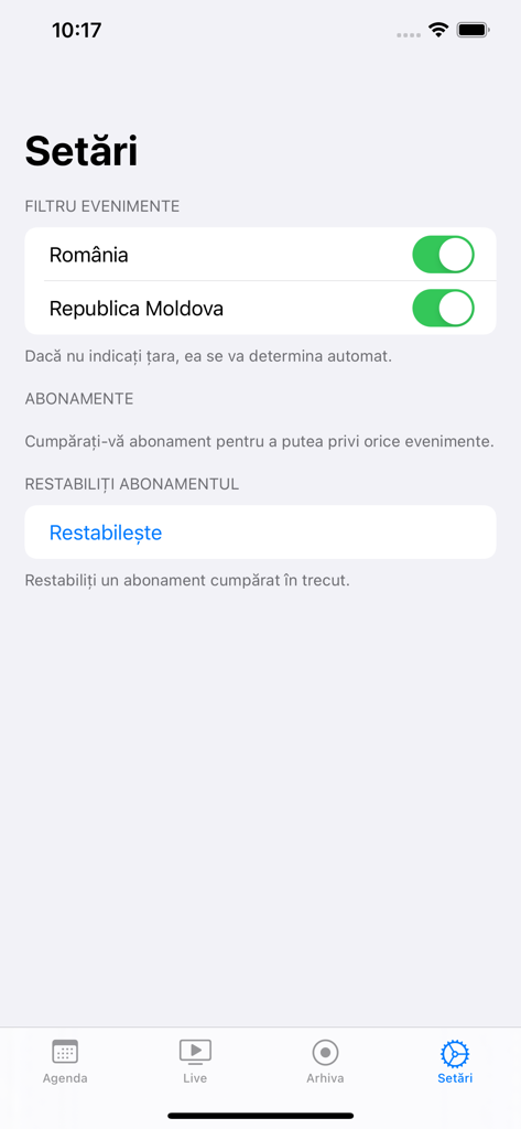 Privesc.Eu - Settings screen of the Privesc.Eu app showing event filters for Romania and Moldova and a restore subscription button