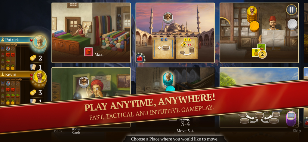 Mobile gameplay of Istanbul board game featuring bazaar locations and merchant management