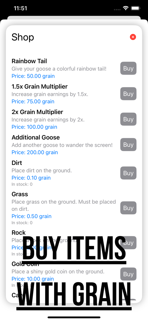 La pantalla de la tienda dentro de la aplicación que muestra varios artículos y multiplicadores que se pueden comprar con el grano ganado a través de la productividad.