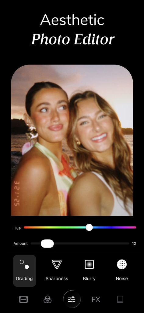 Aesthetic photo editor interface showing color grading tools and a vintage film filter applied to a photo of two women
