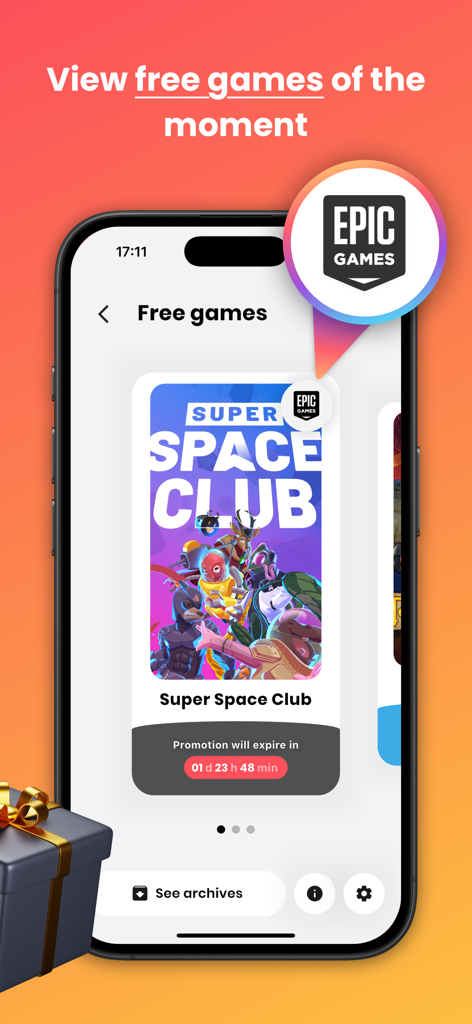Radion - Video Games - Interface de l'application Radion montrant des offres de jeux gratuits de l'Epic Games Store avec un compte à rebours promotionnel
