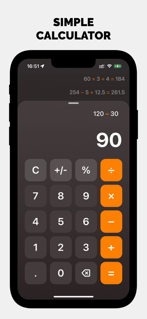 Калькулятор Pro + История - iPhone screen showing a simple calculator app interface with dark theme and calculation history.