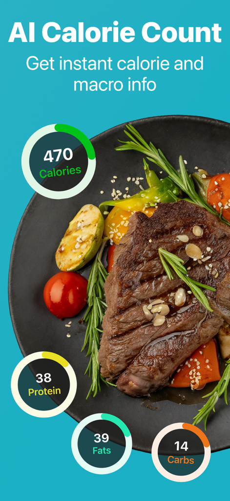 Mobile app screen showing AI calorie and macro analysis of a steak and vegetable plate