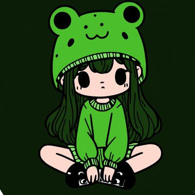 a girl wearing a frog hat and some frog socks