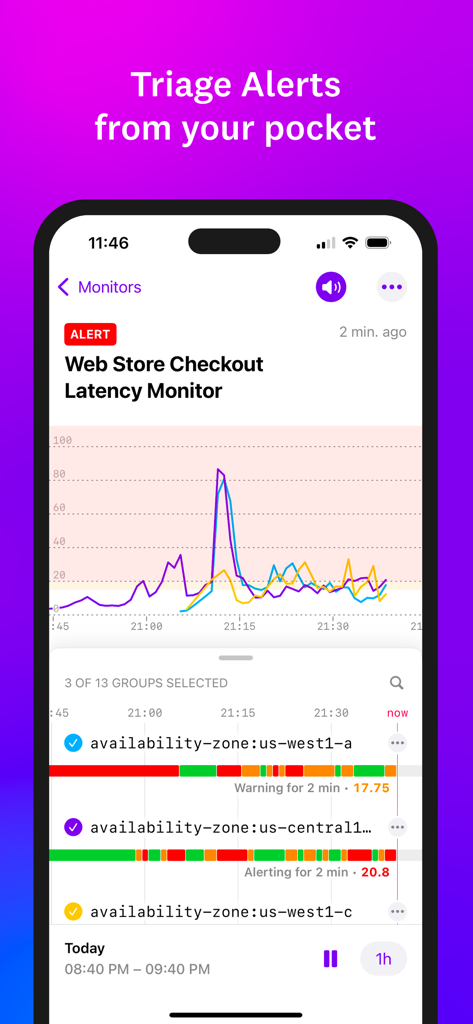 Datadog - Datadogモバイルアプリのインターフェース。アクティブなアラートが表示されたウェブストアのチェックアウトレイテンシモニターを表示