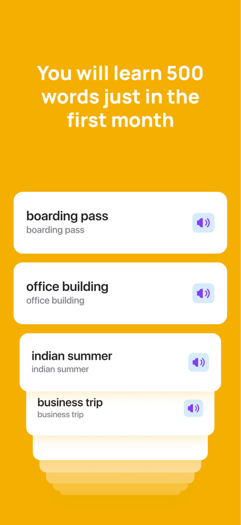 English language learning app showing vocabulary flashcards for everyday and professional phrases.