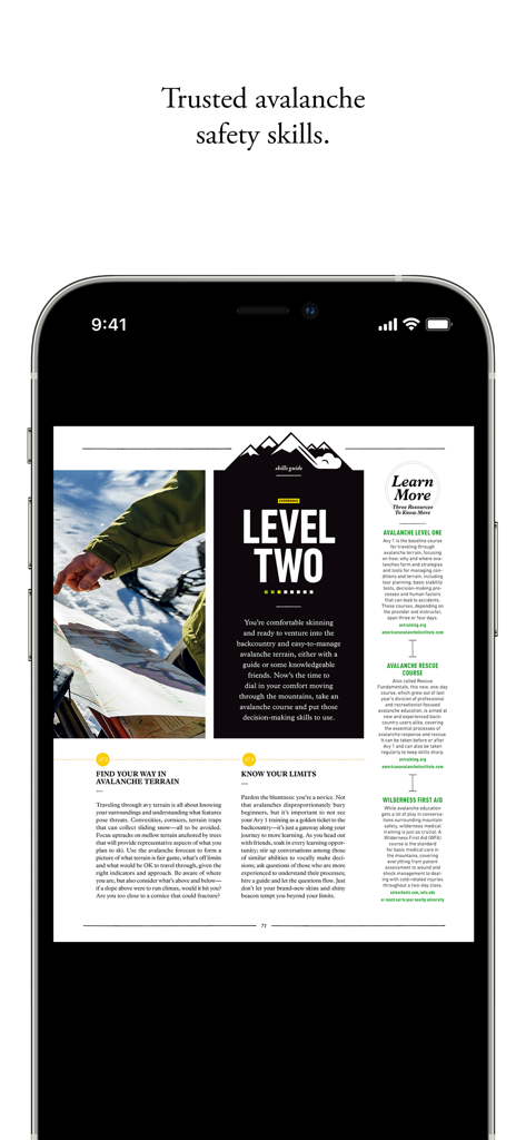 Backcountry Magazine App-Anzeige mit lehrreichen Artikeln über Lawinensicherheitsniveaus und Rettungstrainings in den Bergen.