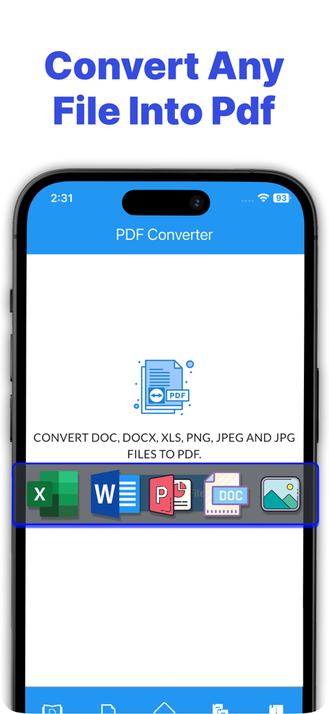 Word、Excel、画像ファイルをPDF形式に変換するモバイルアプリ画面