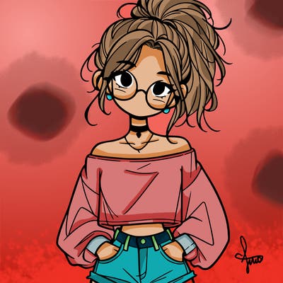 girl with a messy ponytail glasses a baggy crop top and jean shorts