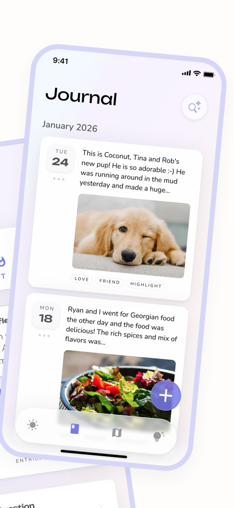 Smartphone screen showing the Reflection AI Journal app interface with personal entries and photos