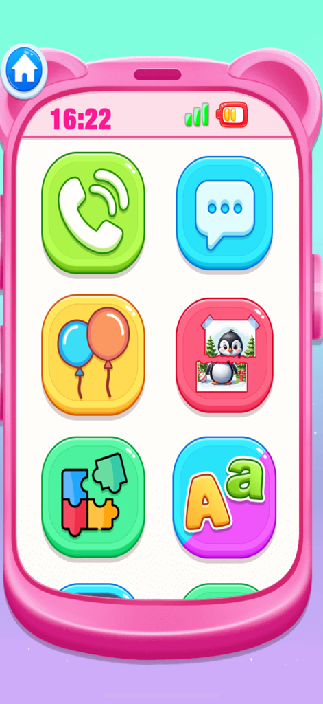 Pink Princess Learning Phone - Main menu of a pink toy phone app for kids showing colorful icons for calling, chatting, puzzles, and letters.