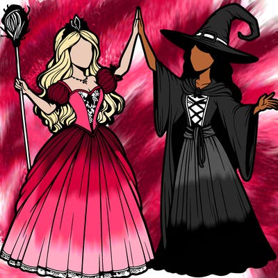 detailed realistic split of a princess and a witch