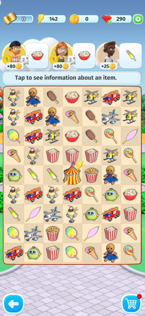 Food Merge: Cook & Design - Um tabuleiro de quebra-cabeça de combinação apresentando lanches e brinquedos com pedidos de clientes no topo