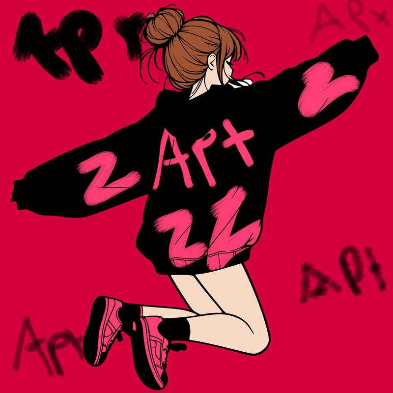 realistic girl jumping with a bun and oversized sweatshirt