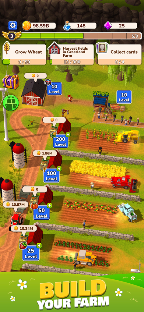 Gameplay screenshot of Idle Farm showing various crop fields, farm buildings, and harvesting machinery with the text Build Your Farm.