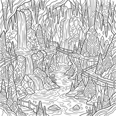 Unleash your creativity on this stunning subterranean waterfalls coloring page. Discover a hidden world of cascading waters, ancient rock formations, and ethereal cave elements, perfect for a relaxing artistic escape.