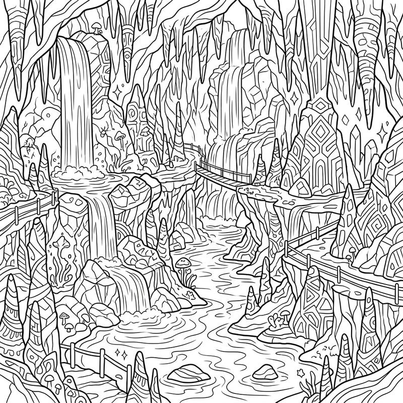 Unleash your creativity on this stunning subterranean waterfalls coloring page. Discover a hidden world of cascading waters, ancient rock formations, and ethereal cave elements, perfect for a relaxing artistic escape.