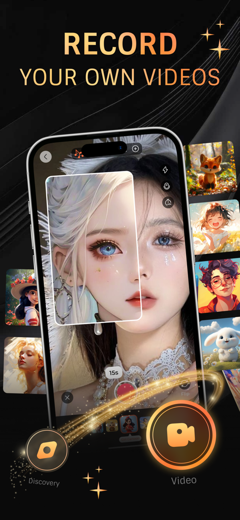 Mobile app interface showing an anime character face filter and video recording features
