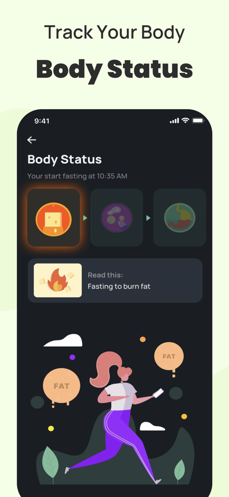 Une interface mobile de l'application Fastin affichant l'état biologique du corps et la progression de la combustion des graisses.