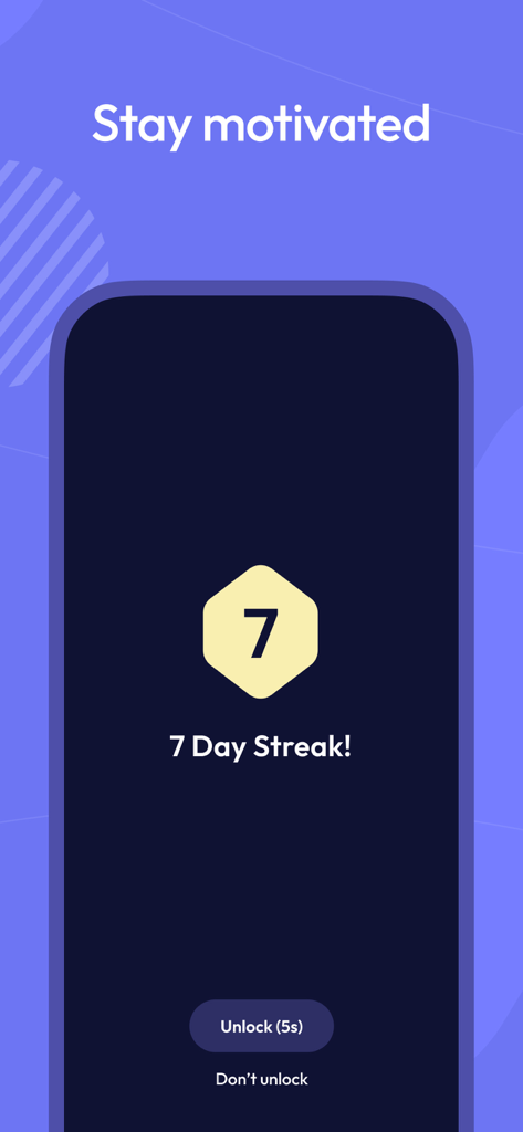 ScreenZen app interface showing a 7 day streak achievement to stay motivated