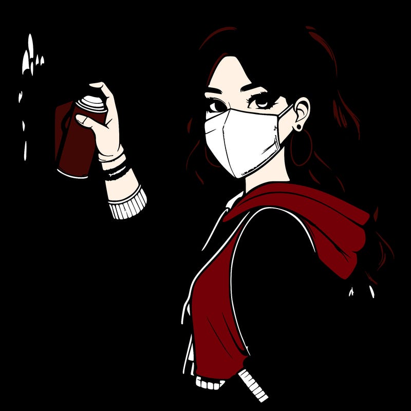 realistic girl with mask spray painting a wall