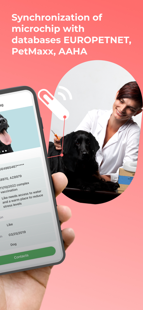 Pet Care, ID & GPS Tracker - Smartphone mostrando la sincronización de microchips de mascotas con bases de datos globales como Europetnet y AAHA.