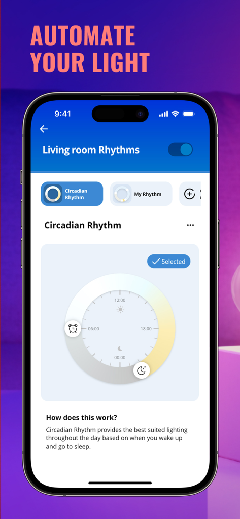 Smartphone screen showing WiZ Connected app interface for automating living room lighting using circadian rhythm schedules