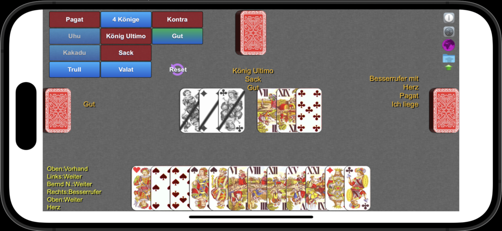 Tarock - Königrufen - Gameplay-Oberfläche des Tarock Königrufen Kartenspiels auf einem Mobilgerät