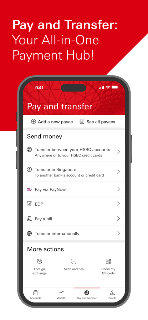 HSBC Singapore - HSBC Singapore mobile app screen showing local and international money transfer options
