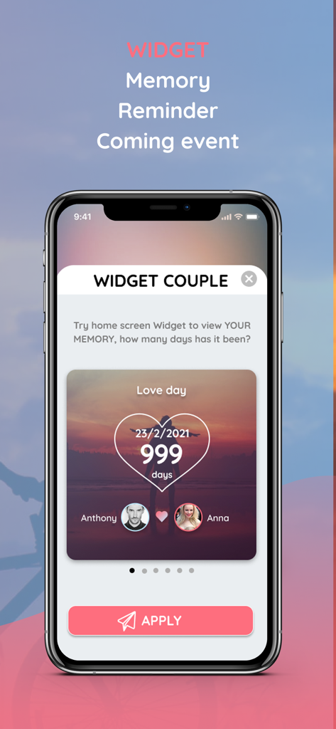MeLove app interface showing a customizable relationship day counter widget for iPhone home screen