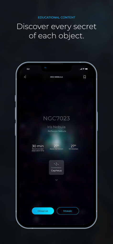 Contenu éducatif de l'application Singularity pour la nébuleuse de l'Iris, montrant les statistiques d'observation et les données de constellation