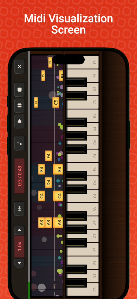 A MIDI visualization screen in the Piano Sim app showing falling musical notes next to a vertical piano keyboard.