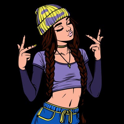 realistic teenage girl with braids and a beanie and crop top doing 🫶🏼