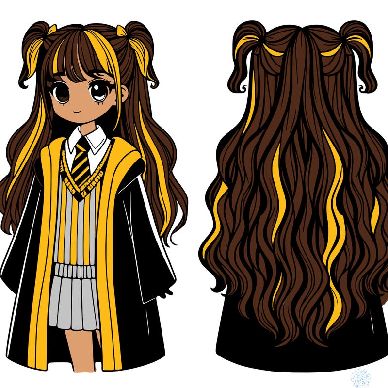 girl with long hair and curtain bangs wearing gryffindor robes full photo