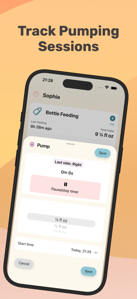 Baby Feeding Tracker NooraBaby - スマートフォン画面。Noora Babyアプリの搾乳セッショントラッカーを表示。タイマーと音量入力が含まれています。