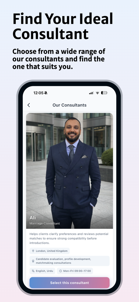 전문성과 위치 정보를 포함한 프로필을 보여주는 Marriage4Life 앱의 전문 결혼 상담사 선택 화면