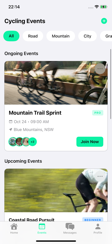 Yeka - Interface of the Yeka app showing ongoing and upcoming cycling events like a mountain trail sprint