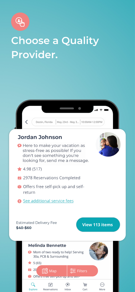 BabyQuip - Baby Gear Rentals - BabyQuipアプリのスクリーンショット。評価とレンタル詳細が表示されたクオリティプロバイダーのプロフィールがベビー用品のレンタル用に示されています。