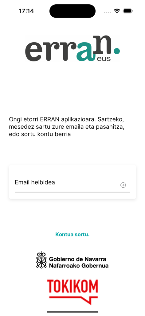 Login screen of the Erran app featuring a welcome message in Basque and an email address input field.