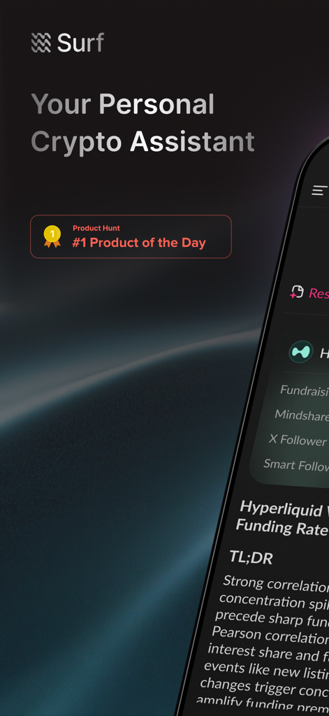 Surf – Crypto AI Assistant - Surf Crypto AI Assistant app interface with Product Hunt number one product of the day badge