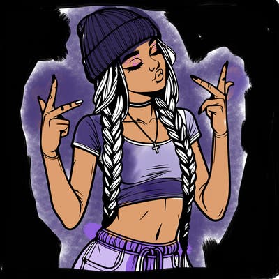 realistic teenage girl with braids and a beanie and crop top doing 🫶🏼
