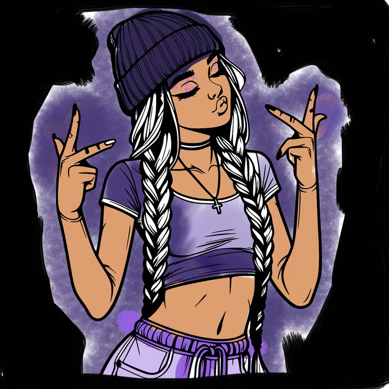 realistic teenage girl with braids and a beanie and crop top doing 🫶🏼